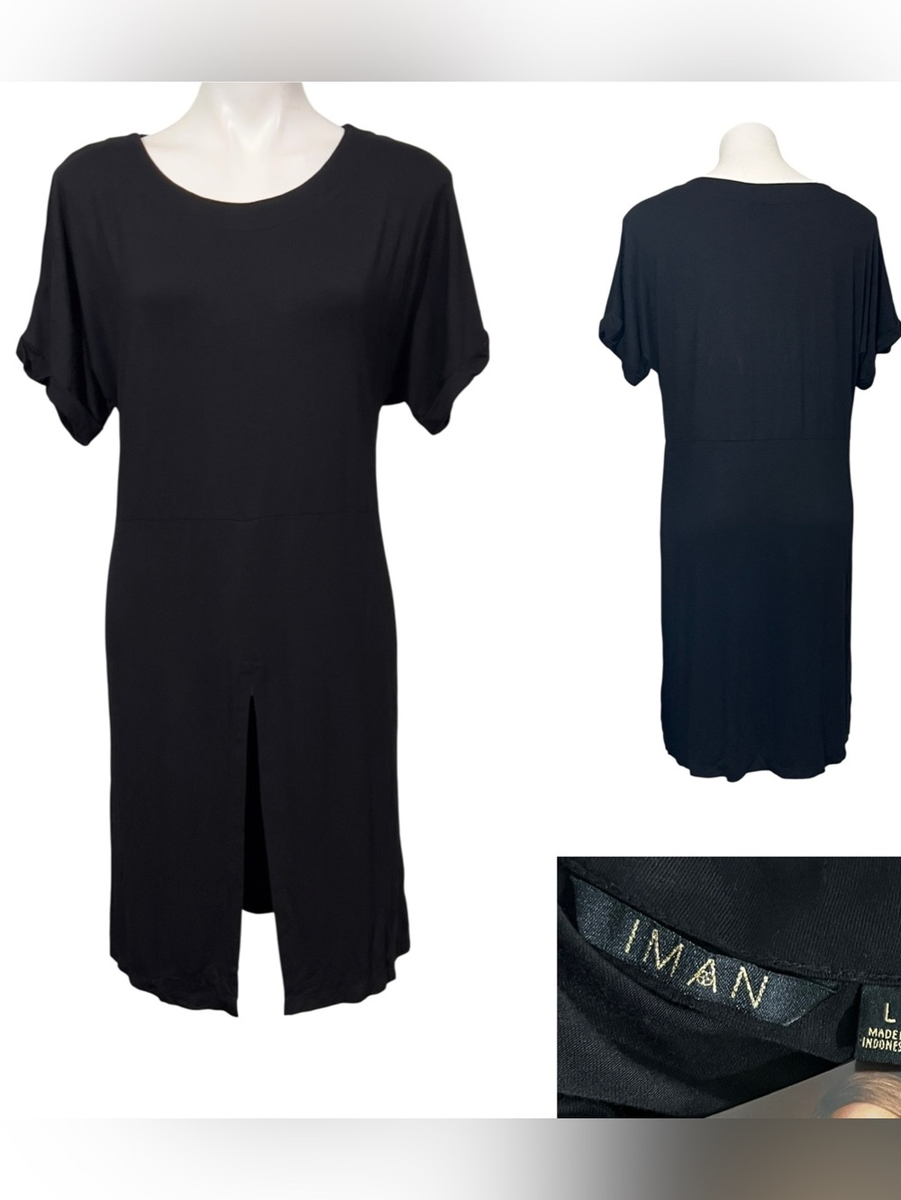 IMAN tunic top sz L‎ black Short Sleeve front slit casual office summer